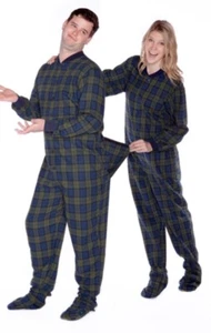 Big Feet Navy Blue & Green Tartan Plaid Flannel Adult Footed Pajamas - Picture 1 of 3