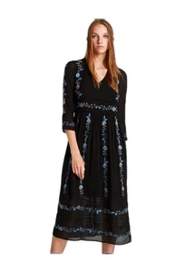 Zara Black Multi Color Embroidered Floral 3/4 Sleeve Midi Dress ~ S M3020 - Picture 1 of 19