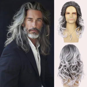 Wallden Hair Mens Grey Wig Long Curly Wavy Hair Wigs Natural Look Heat Resist... - Picture 1 of 7