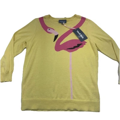 ModCloth Pink Flamingo On Yellow Crewneck Knit Sweater Size M New With Tags - Image 1 of 4