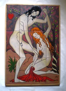 Greek Tile Studio Art Ceramic Enamel Paradise Adam & Eve Snake Tsakirakis Signed - Picture 1 of 11