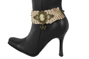 Women Antique Gold Chain Boot Lace Fabric Strap Western Shoe Steam Punk Rock Bow - Picture 1 of 12