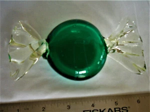 Large Art Glass Candy Paperweight Hand Blown Green With Blue Stripes 6” - Picture 1 of 3