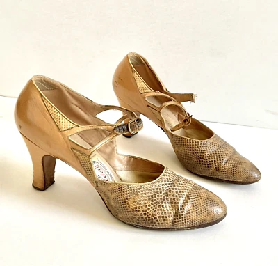 Flapper decorativo raro antigo da década de 1920 pele de cobra e saltos dourados - Imagem 1 de 4