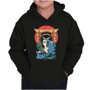 Traditional Geisha Split Face Skull Dragon Youth Hooded Sweatshirt Boy or Girl - Picture 1 of 7