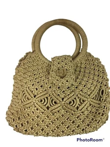Rope Crochet Purse Vintage Beige Shopper Bag Lined Casual Rope Handles 8x12x4” - Picture 1 of 7