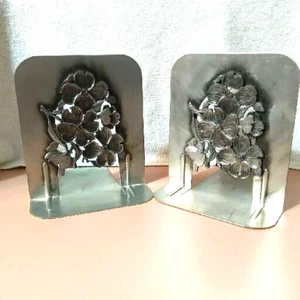 1980 Metzke Dogwood Cutouts Brushed Aluminum Bookends Vintage MCM - Picture 1 of 4