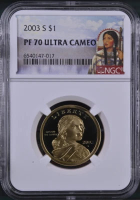 :2003-S $1 SACAGAWEA NATIVE AMERICAN NGC PF70 UC RARE R-2 TOP POP HIGHEST-GRADES - Image 1 of 2
