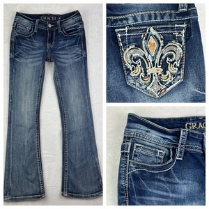 Grace in LA Girls 8 Jeans Bootcut Denim Fleur D Lis Embroidered Western Rodeo - Picture 1 of 12