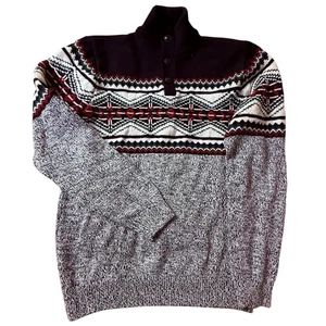 Chaps Fair Isle Quarter Button Knit Sweater Black Red Gray Cotton M - Picture 1 of 7