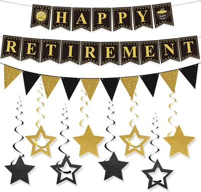 Retirement Party Decorations Black and Gold Happy Retirement Banner Gold Glitter - Image 1 of 4