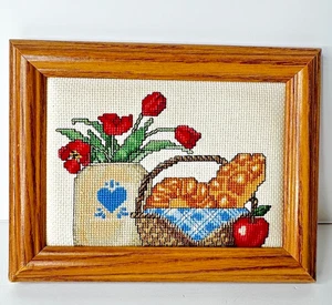 VTG Framed Stitched Needlepoint Tulip Floral Pastries Apple Completed 7"x9" - Picture 1 of 10