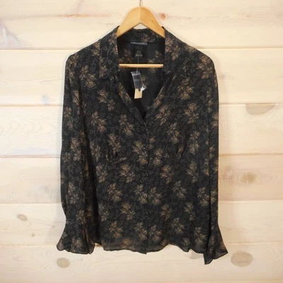 NWT Lane Bryant 100% Silk Women's 14/16 Button-up Blouse Poet Sleeve Dark Floral - Image 1 of 4