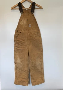 Carhartt Dungarees Kids Size 8 Tan 26x20 Overalls Double Knee Duck Bib Youth - Picture 1 of 19