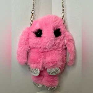 Pink Plush Fluffy Bunny Rabbit Design Crossbody Backpack Shoulder Bag Purse - Picture 1 of 5