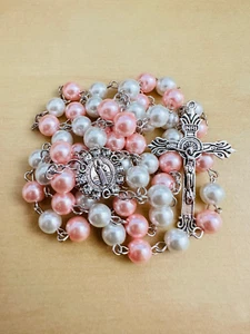 Saint St Benedict Glass Pearl Rosary Prayer Beads Crucifix Cross Pink Rosary - Picture 1 of 6