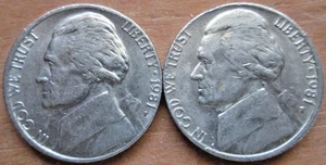 1981-P JEFFERSON NICKELS, (2) OFF CENTER MAD MIS-ALIGNED DIE ERRORS, CIRCULATED - Picture 1 of 4