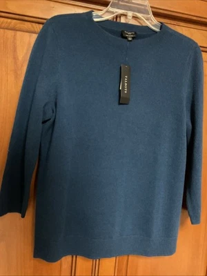 全新带标签 - TALBOTS 大号娇小蓝色羊绒毛衣 3/4 袖圆领 Orig149 美元 — 第 1/4 张图片