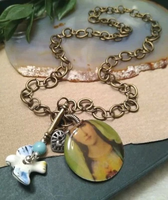 Artístico! Dije/Collar colgante con Virgen María, paloma de cerámica, eslabones de cadena! Foto 1 de 4