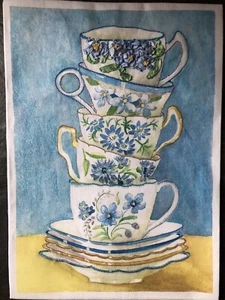 Gold & Blue Saucers & Cups Silk Ribbon Embroidery Kit by Di Van Niekerk STARTED - Picture 1 of 6