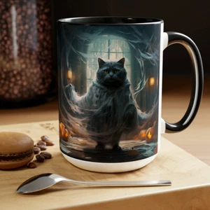15oz Two-Tone Coffee Mugs Ghost Costume Cat Kitty Haunted House Halloween Time - Picture 1 of 26
