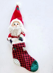 Neu mit Etikett 3D Vintage 30" langer Weihnachtsmann Weihnachtsstrumpf Kamin rot kariert Landhütte - Bild 1 von 19