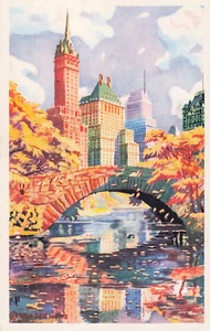 NYC Central Park Bridge Autumn Fall Skyline Architecture Art Vintage Postcard - Picture 1 of 2