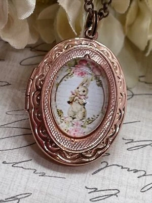 Rose Gold Bunny Lover Pink RABBIT Locket Necklace JEWELRY Pendant Pink Shabby - Image 1 of 4
