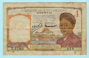 French Indochina 1946 - 1949 Banknote 1 Piastre, P-54, Woman, Tomb, Yoke Baskets - Picture 1 of 2