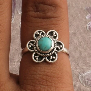 Blue Turquoise Gemstone925 Sterling Silver Round Flower Designer Ring For Women - Picture 1 of 7