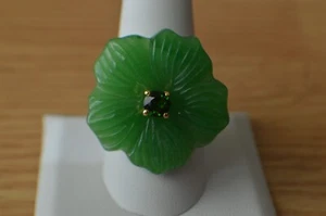 42.65ct Green Jade / Chrome Diopside Flower Ring 14K YG over Fine Silver Size 9 - Picture 1 of 14