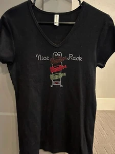 Chris's Stuff Black Nice Rack  Rhinestones T-shirt 100% Cotton Womens Large - Picture 1 of 3