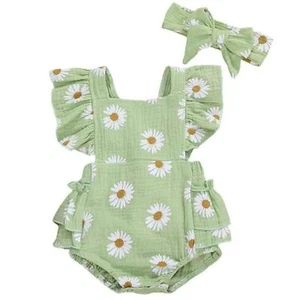 Baby Girls Daisy Playsuits Ruffled Bodysuit & Headband - 6 to 12 Months - Picture 1 of 4