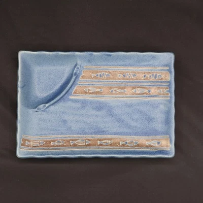 Handmade Ceramic Sushi Soy Sauce Dish Blue Fish Design Unique Kitchenware - Image 1 of 4