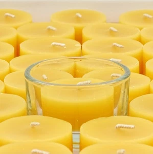 100% Pure Raw Beeswax Tea Lights Candles REFILL and One Glass Tea Light Holder - Picture 1 of 9