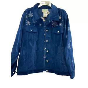 Quacker Factory Womens Jacket Extra Large Navy Velvet Snowman Snowflake Holiday - Picture 1 of 9