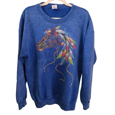 Sudadera Unisex Vintage Única Pintada Colorida Pluma de Caballo Gráfico Talla L Foto 1 de 4