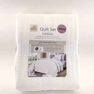 Quilt 3 Piece Set Queen Blanket 90" x 90" White New - Picture 1 of 6