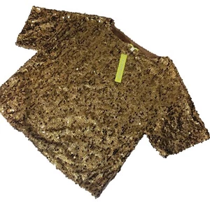 GIANNI BINI Gold Pailletten Shirt XS besondere Anlässe TOP Urlaub Kurzarm Glitzer - Bild 1 von 10