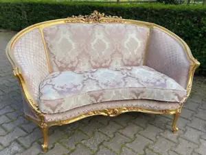 Sofa Französisch Louis XVI Corbeille Rosa Damast Blattgold Antik Elegant Design - Bild 1 von 10