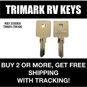 2 Trimark lock keys for Camper RV Motorhome cut to code key codes TM051-TM100