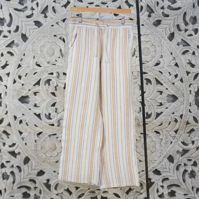 L.L.Bean White Blue Tan 100% Linen Pants Women’s 4 Wide Leg Striped Drawstring - Image 1 of 4