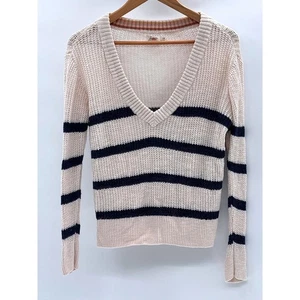 Faherty Sweater Miramar Linen Blend V Neck Wharf Stripe Women Small Off White - Picture 1 of 11