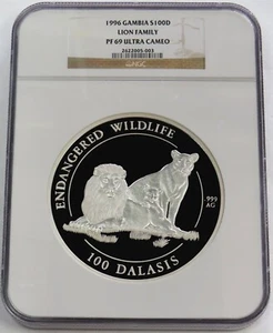 1996 SILVER GAMBIA 100 DALASIS LION FAMILY KILO NGC PF 69 UC  - Picture 1 of 3