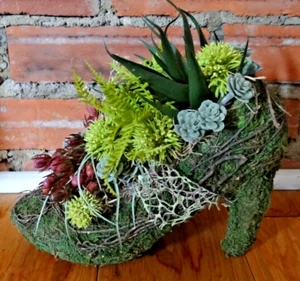 Handmade Moss And Twig Covered Shoe Form With Faux Succulent Plants And A Bow - Picture 1 of 8