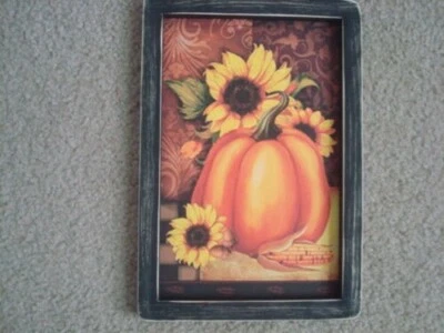 PRIMITIVE COUNTRY PRINT *PUMPKIN and SUNFLOWERS* Handmade Black Frame 8" x 12" - Image 1 of 3