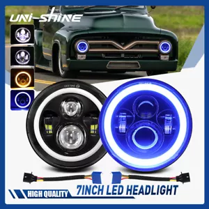 For 1953-1977 Ford F-100 F-250 F-350 Ford Custom Pair 7" LED Headlights Halo DRL - Picture 1 of 9