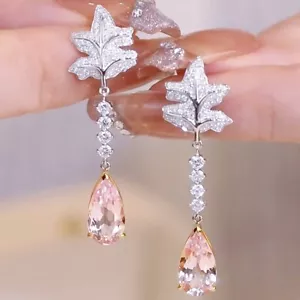 Maple Leaf Design Morganite Natural Diamond Women Earrings Solid 14K 2-Tone Gold - Picture 1 of 7