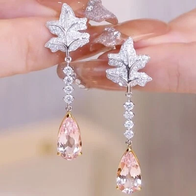 Maple Leaf Design Morganite Natural Diamond Women Earrings Solid 14K 2-Tone Gold - Image 1 of 4