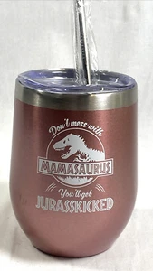Neu Eleven Mamasaurus Rosa Metall Tasse mit Strohhalm & Bürste, Kunststoffdeckel 12 Unzen Neu - Bild 1 von 9